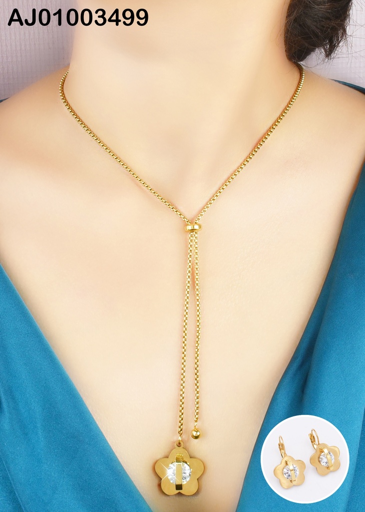 JUEGO ACERO FIG. FLOR C/ZIRCONIA Y ARETES GOLGAR