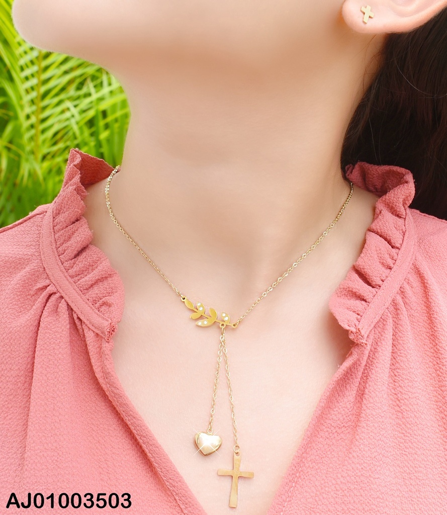 JUEGO DE ACERO CDN HOJA C/ZIRCONIA CORBATERA CORAZON Y CRUZ Y ARETES