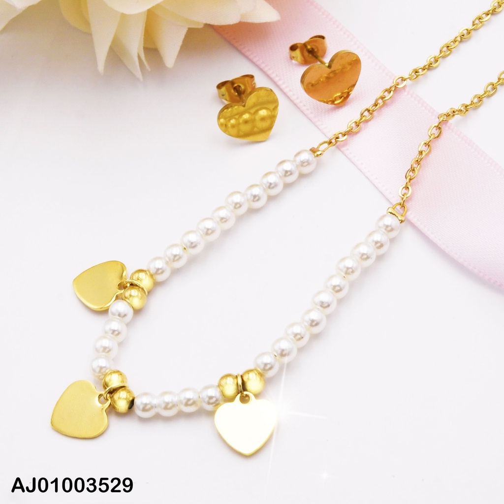 JUEGO PLACA CORAZÓN CADENA C/PERLAS