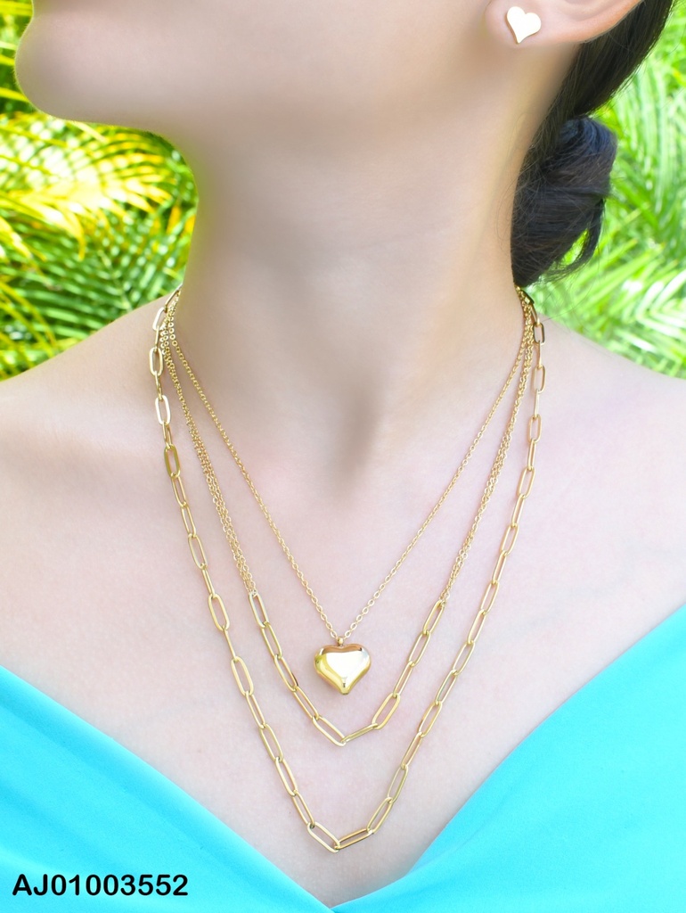 JUEGO TRIPLE CAD.ARETES PLACA CORAZÓN,DIJE:INFLADO