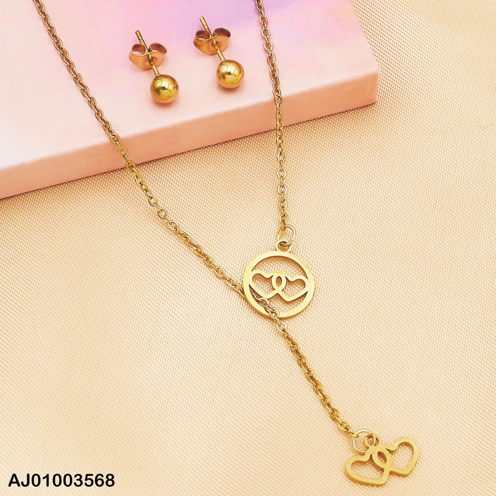 JUEGO ARETES ESFERAS CADENA COLGANTE DIJES:DOBLE CROQUI💛