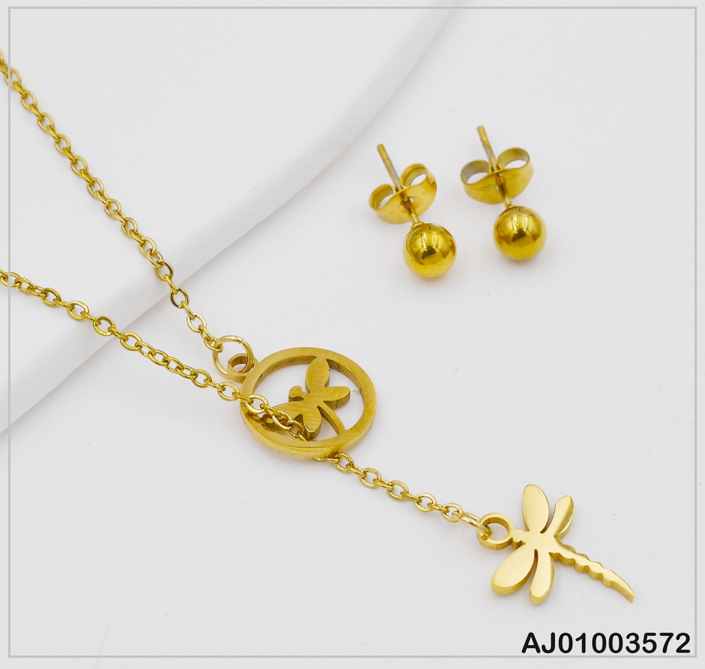 JUEGO ARETES  C CADENA COLGANTE DIJES:LIBÉLULA COLA CURVA