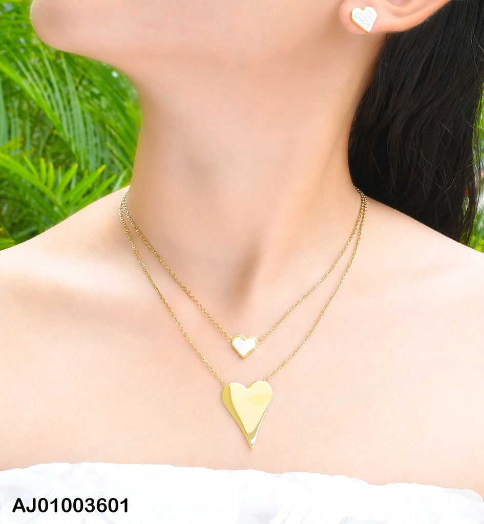 JUEGO DOBLE CAD. CORAZONES C/ZIRC DIJE ALARGADO LISO