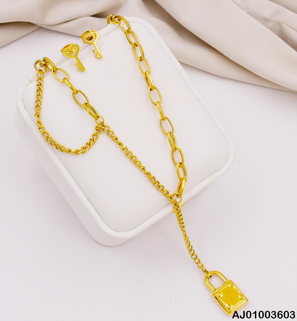 JUEGO ARETES LLAVE CADENA C/CANDADO COLGANTE