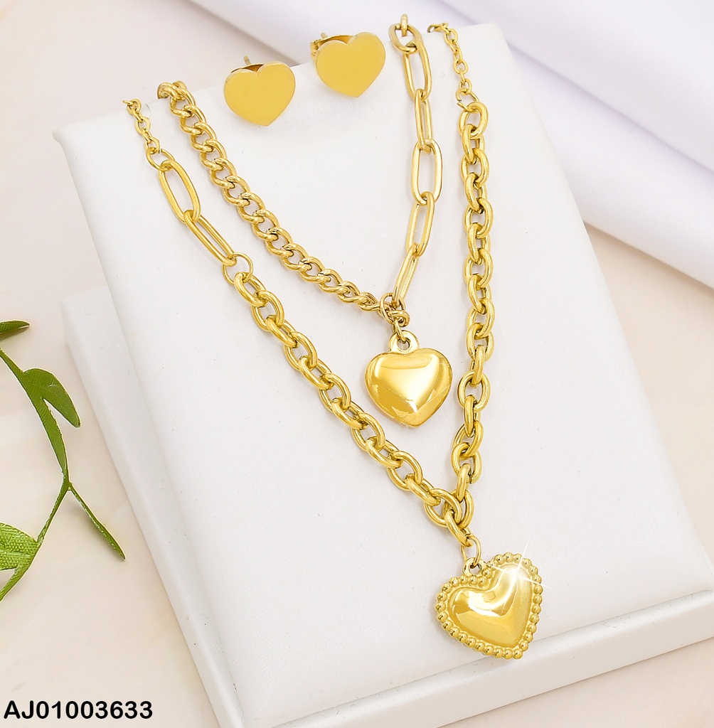 JUEGO DOBLE CAD. ARETES PLACAS CORAZÓN DIJES:INF/BORDES GRABADOS