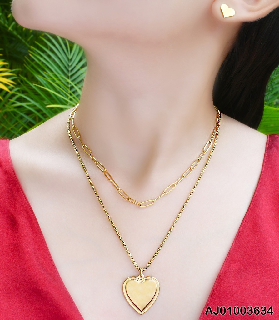 JUEGO DOBLE CAD. ARETES PLACAS CORAZÓN.DIJE:♥GRANDE
