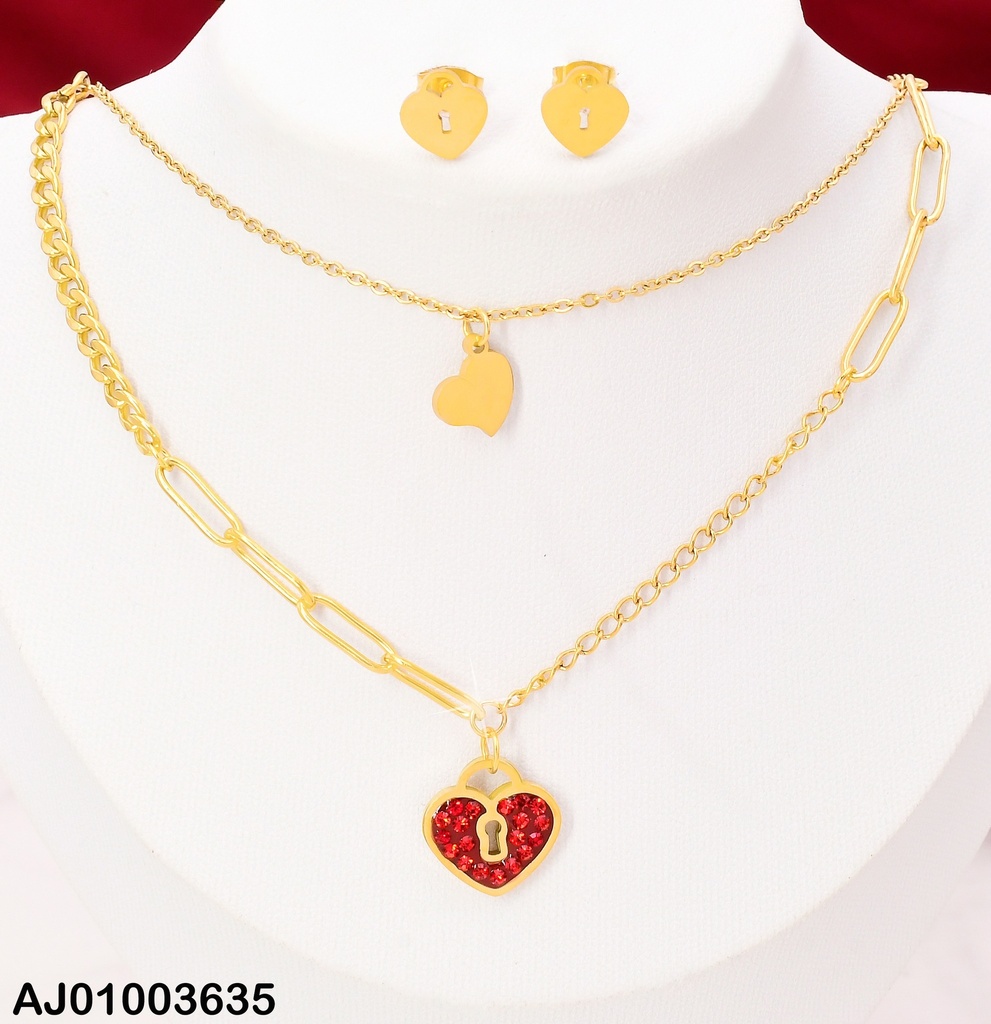 JUEGO DOBLE CAD.ARETES CANDADO♥ DIJES;PLACA/ZIRC.ROJA (P.E.NOV2025)