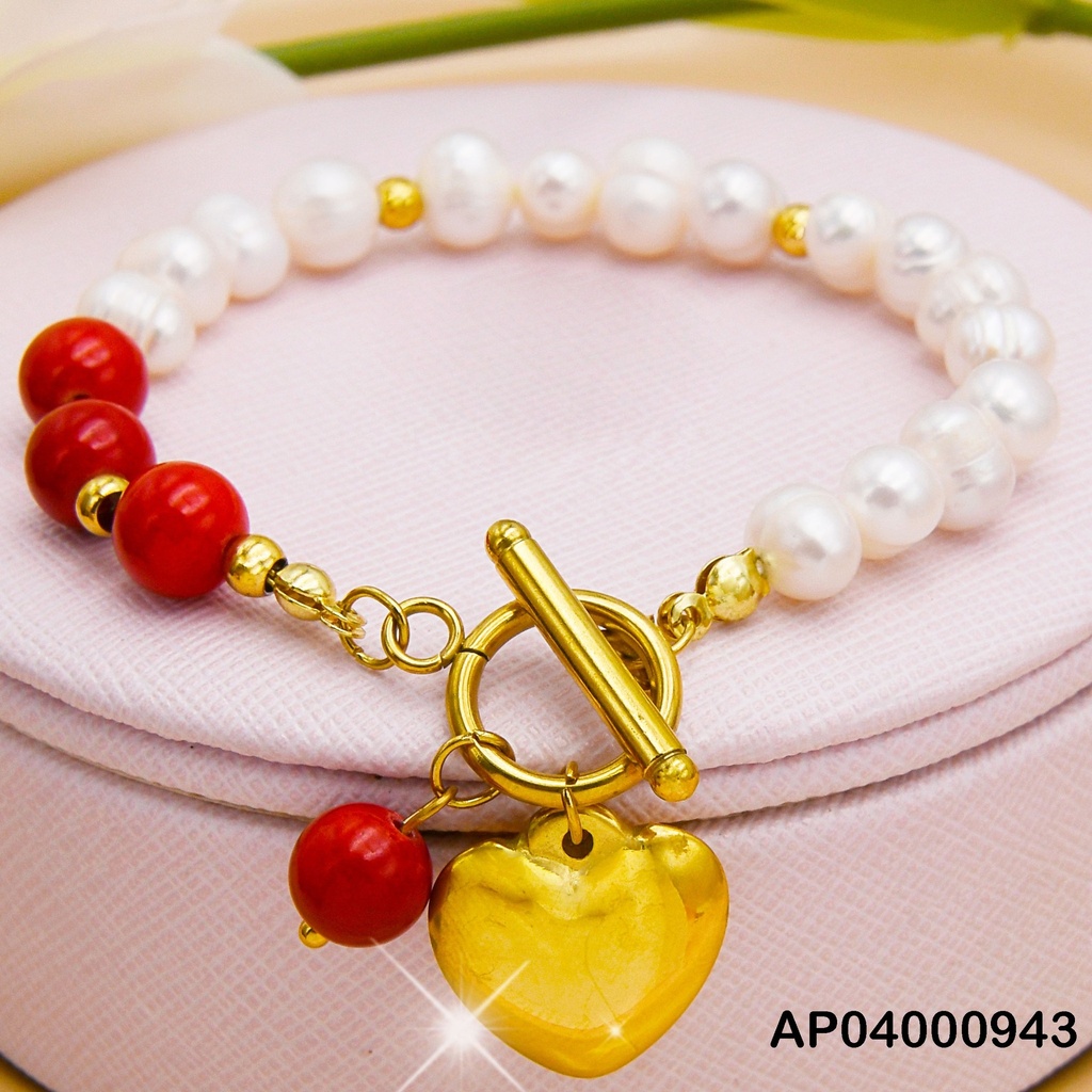 PULSERA PERLAS/ESFERAS ROJAS CORAZÓN COLGANTE