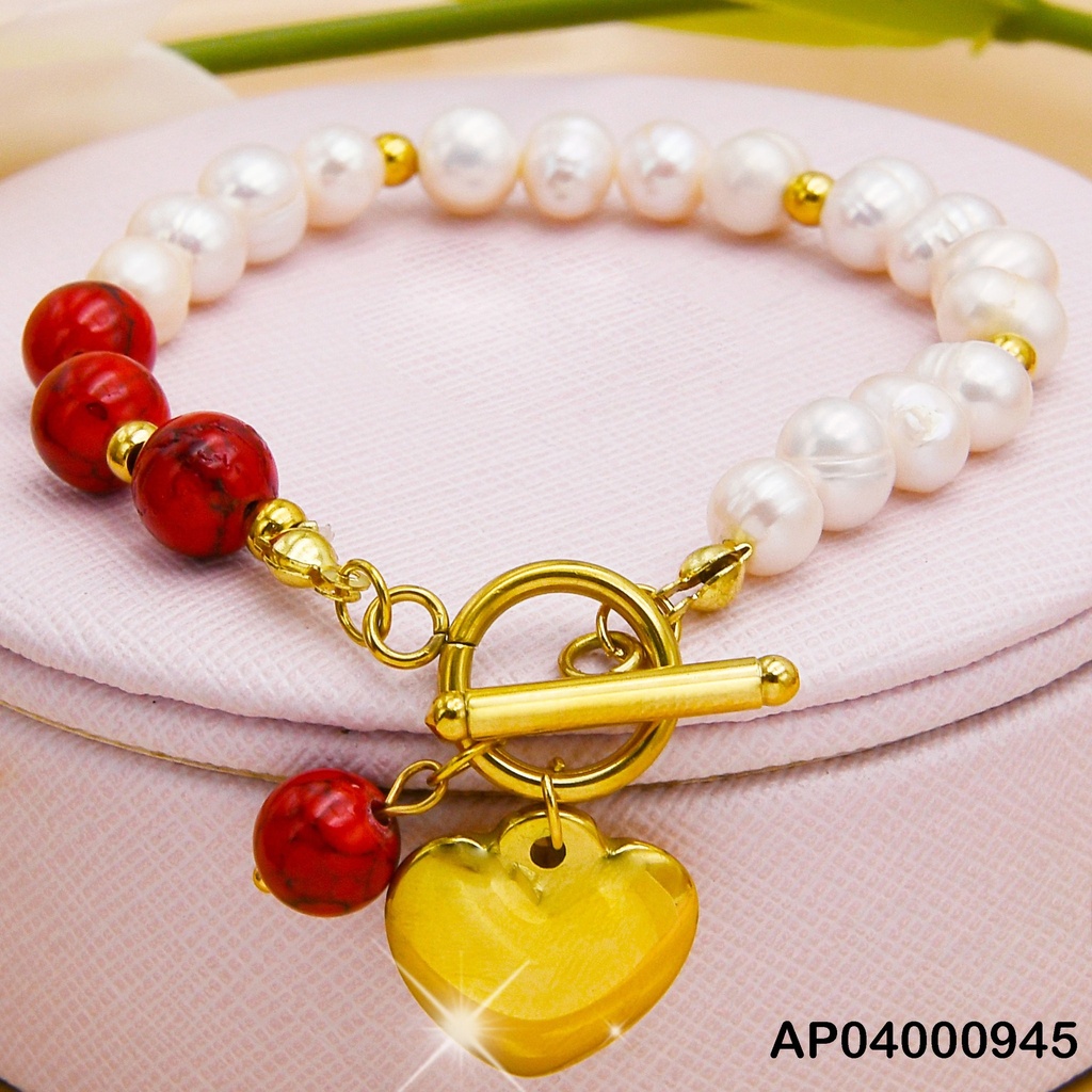 PULSERA PERLAS/ESFERAS ROJAS MARMOLEADAS 💛 COLGANTE