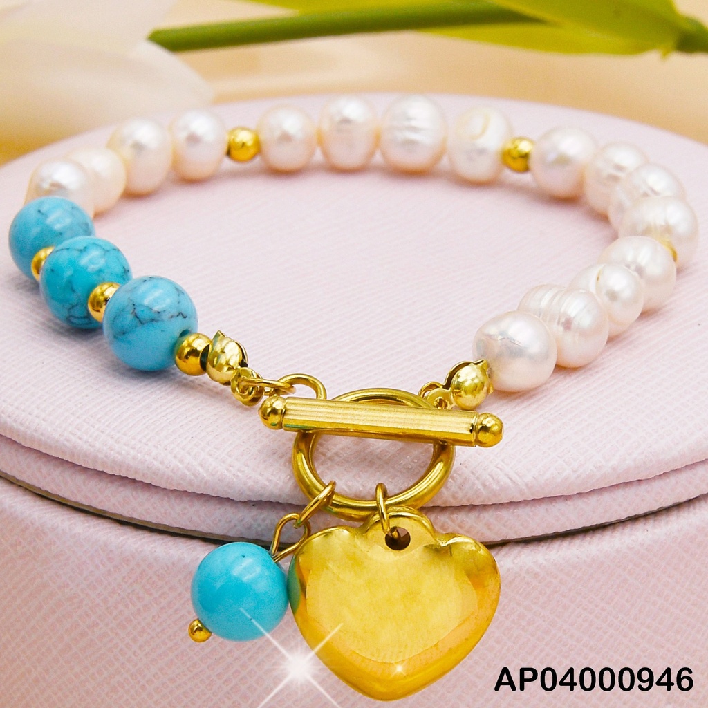 PULSERA PERLAS/ESFERAS TURQUESA MARMOLEADAS 💛 COLGANTE