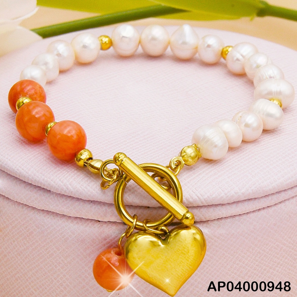 PULSERA PERLAS/ESFERAS NARANJAS CORAZÓN COLGANTE