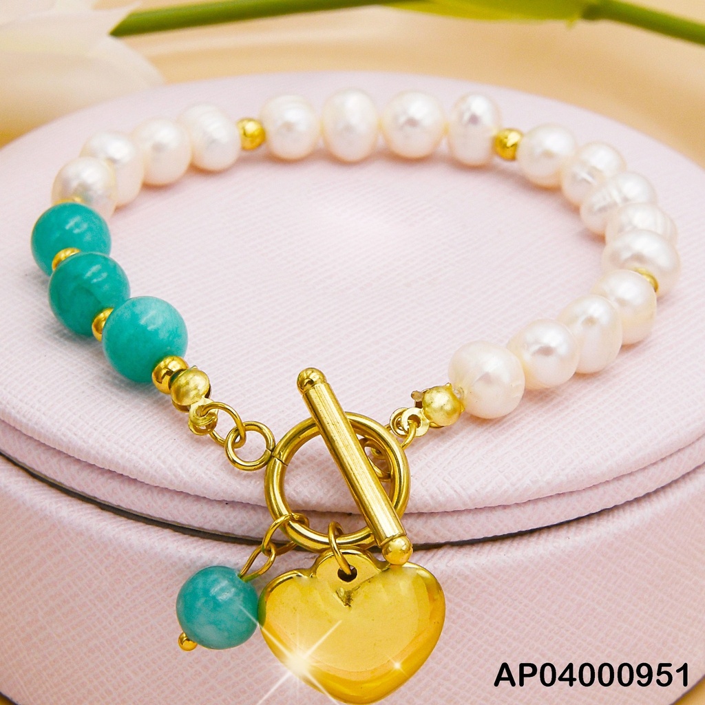 PULSERA PERLAS/ESFERAS VERDES CORAZÓN COLGANTE