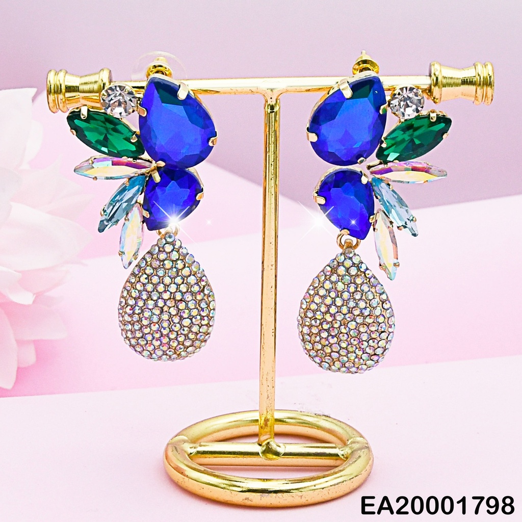 ARETES HOJAS ZIRCONIAS AZULES GOTAS COLGANTES
