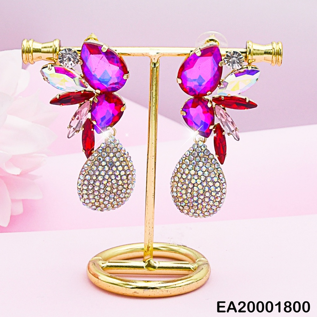 ARETES HOJAS ZIRCONIAS FUCSIA GOTAS COLGANTES
