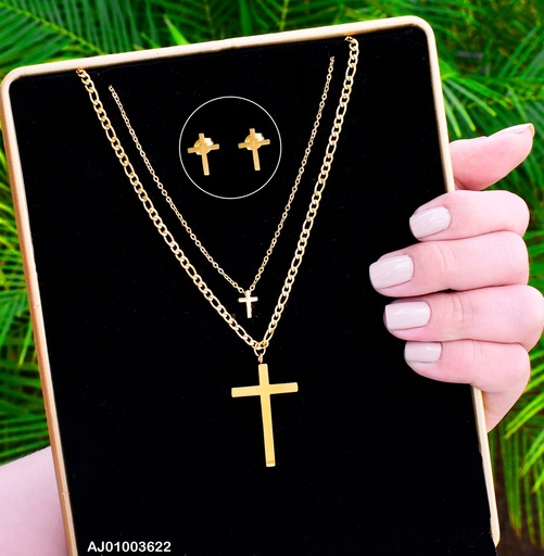 [AJ01003622] JUEGO DOBLE CAD.MARTILLADA/TRAD DOBLE DIJE CRUZ