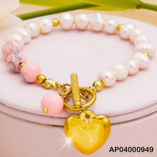[AP04000949] PULSERA PERLAS/ESFERAS ROSADAS MARMOLEADAS 💛 COLGANTE
