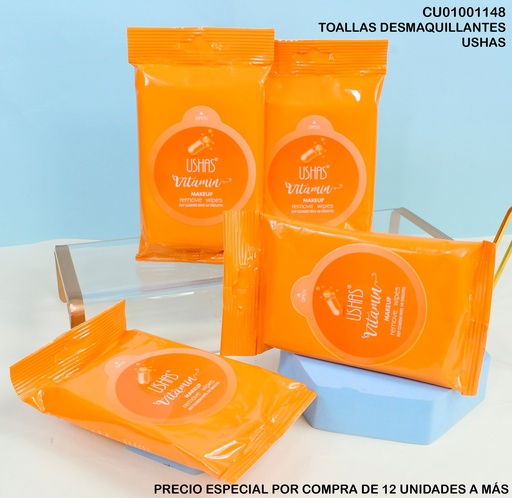 [CU01001148] PAQUETE 10 TOALLAS DESMAQUILLANTES VITAMIN USHAS WP015