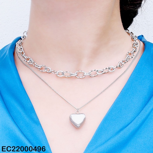 [EC22000496] CADENA PLATEADA DOBLE  DIJE COLGANTE CORAZÓN INFLADO