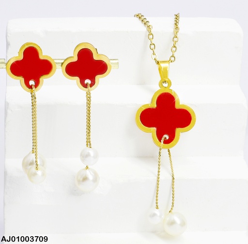 [AJ01003709] JUEGO TRÉBOL ROJO PERLAS COLGANTES
