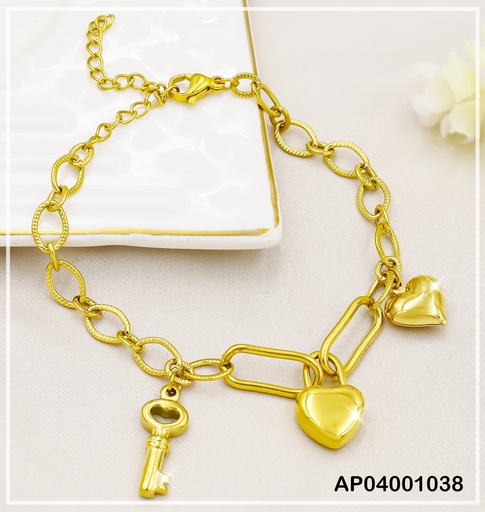 [AP04001038] PULSERA 3 DIJES COLGANTES:CORAZÓN INF/CANDADO/LLAVE