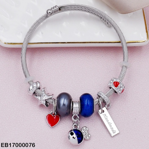 [EB17000076] BRAZALETE PLATEADO AJUSTABLE C/CHARMS RUEDAS GRIS/AZUL