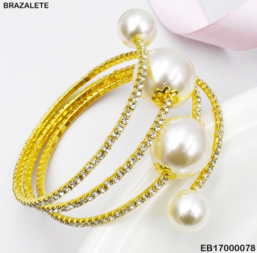 [EB17000078] BRAZALETE AJUSTABLE TRIPLE LINEAS ZIRCONIAS C/PERLAS
