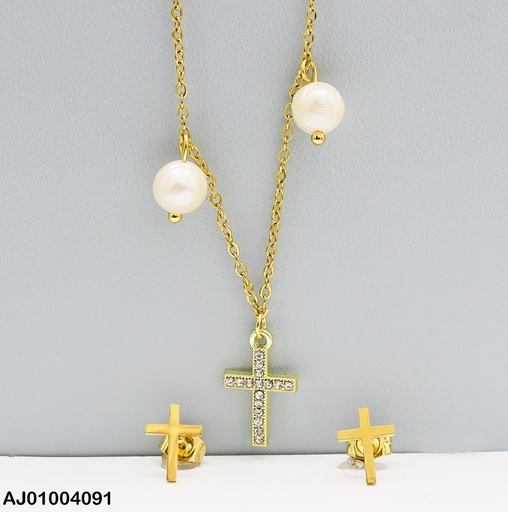 [AJ01004091] JUEGO DETALLES ARETES / DIJE CRUZ  / 2 PERLAS