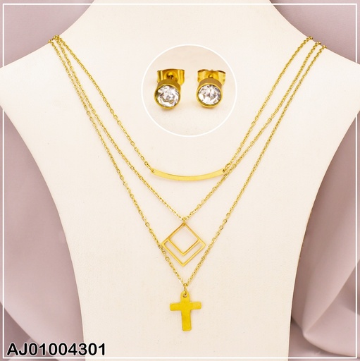 [AJ01004301] JUEGO ARETES ZIRC. RD 3 CADENAS DIJE  ROMBO /CRUZ/PALITO 072730