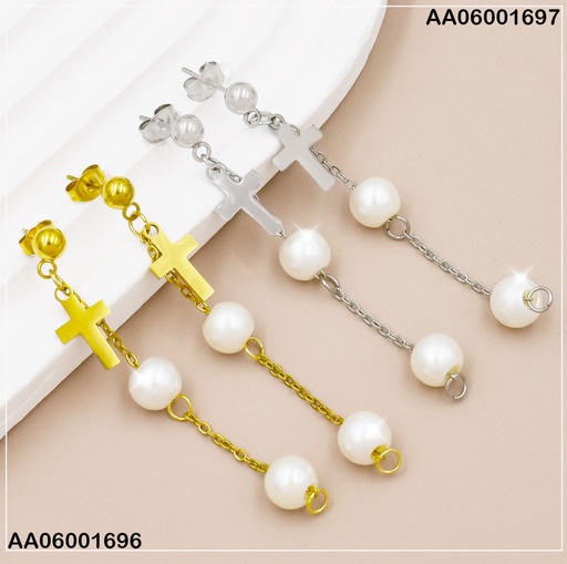 [AA06001697] ARETES PLATEADO CRUZ/ 2 PERLAS 0741242-W163