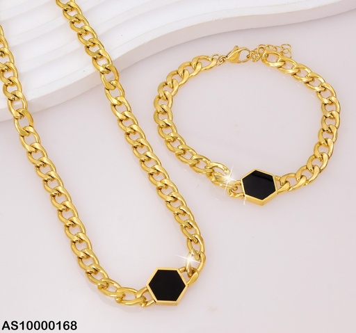 [AS10000168] SET CADENA-PULSERA MARTILLADAS HEXÁGONO NEGRO