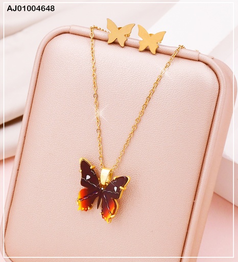 [AJ01004648] JUEGO MARIPOSAS ARETES PLACAS DIJE:CAFE-ROJO