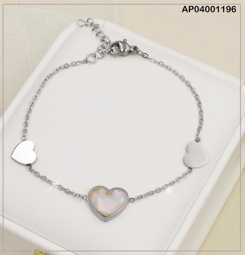 [AP04001196] PULSERA PLAT.FINA 3 CORAZONES 2 PLACAS/NACAR CENTRO