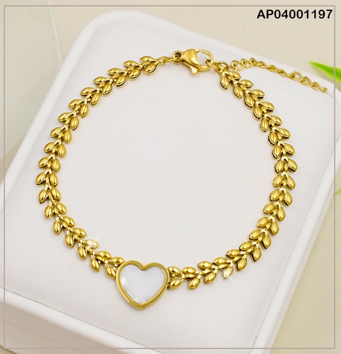 [AP04001197] PULSERA HOJAS DE OLIVO CENTRO CORAZON NACAR