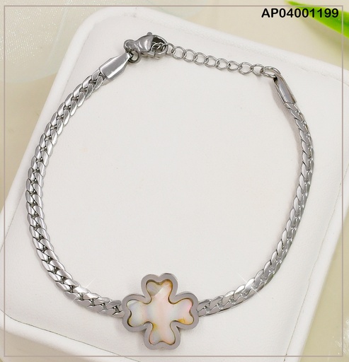 [AP04001199] PULSERA PLAT. MARTILLADA CENTRO CRUZ PETALOS NACAR