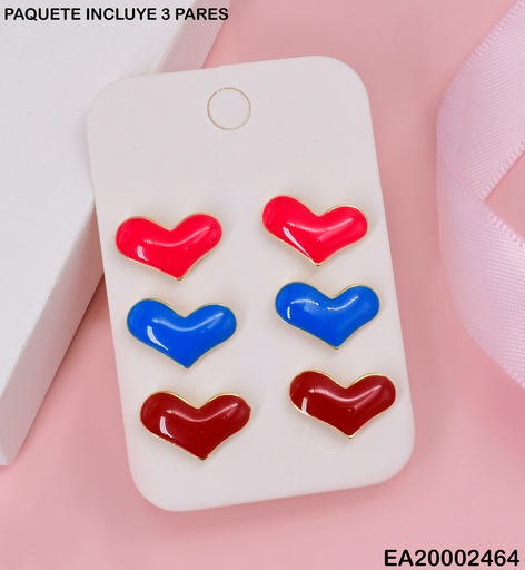 [EA20002464] TRIO ARETES CORAZONES FUCSIA/AZUL/ROJO