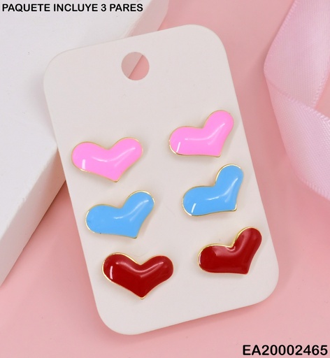 [EA20002465] TRIO ARETES CORAZONES CELESTE/ROSADO/ROJO