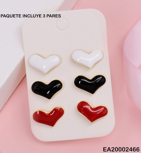 [EA20002466] TRIO ARETES CORAZONES ROJO/NEGRO/BLANCO