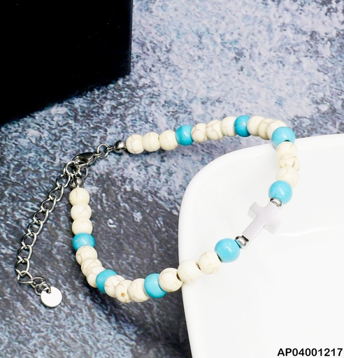 [AP04001217] PULSERA PELOTAS CREMA CELESTE DIJE CRUZ # 081613-W177