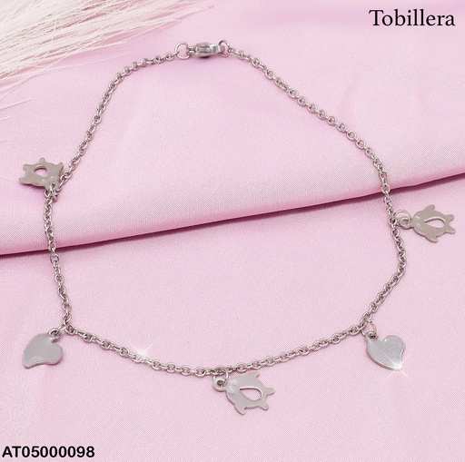 [AT05000098] TOBILLERA PLATEADA DIJES PAREJA DELFINES-CORAZON IRREG