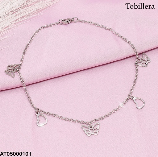 [AT05000101] TOBILLERA PLATEADA DIJES CROQUIS CORAZON-MARIPOSA