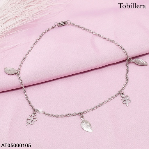 [AT05000105] TOBILLERA PLATEADA DIJES HOJITAS-CROQUI TREBOL