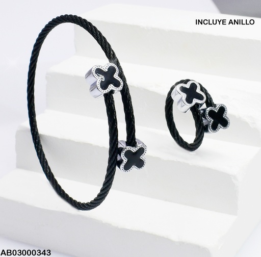 [AB03000343] BRAZALETE NEGRO DOBLE TREBOL 4 HOJAS C/ANILLO 080677-W83