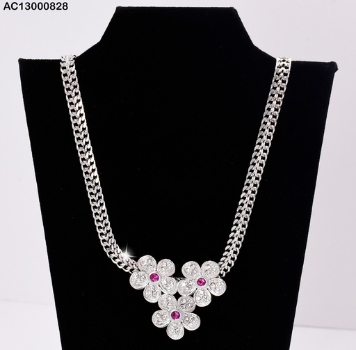 [AC13000828] CADENA PLAT. MARTILLADA DIJE 3 FLORES ZIRC.ROJA CA280