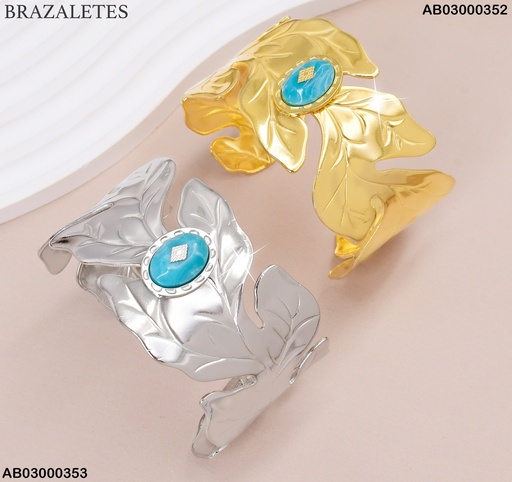[AB03000353] BRAZALETE PLAT. ANCHO HOJAS C/OVALO TURQUESA BA133-45