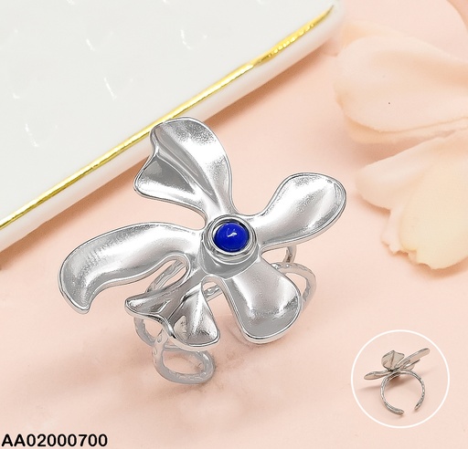 [AA02000700] ANILLO PLAT FLOR PETALOS IRREG.CENTRO🔵RA127-45 AJUSTABLE