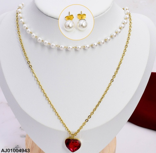 [AJ01004943] JUEGO PERLAS DOBLE CAD. DIJE CORAZON ROJO 0743191-171