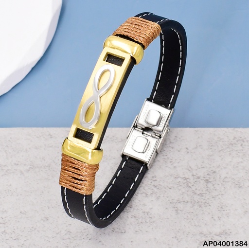 [AP04001384] PULSERA CUERO/ AC. VARON PLACA DORADA INFINITO