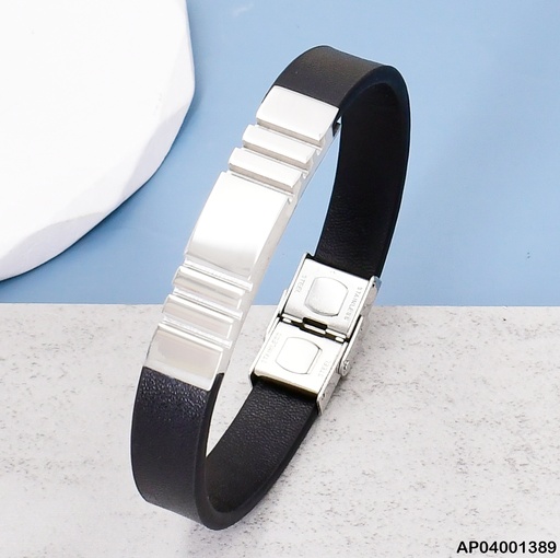 [AP04001389] PULSERA CUERO/AC PLACA PLATEADA LINEAS VERTICAL  VD081630-164