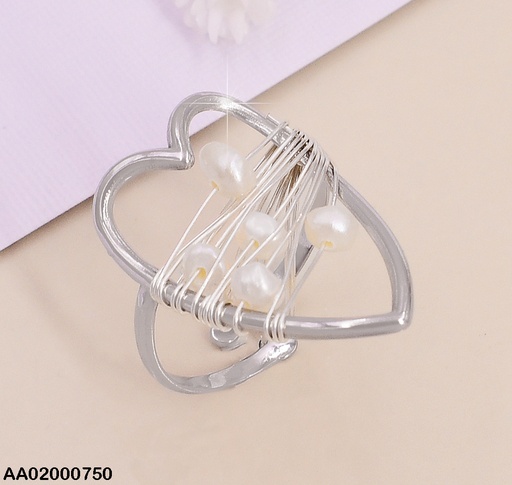 [AA02000750] ANILLO PLAT. AJUSTABLE/ CORAZON MALLA/PERLAS  CENTRO RA041-131