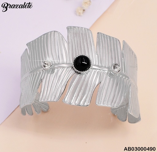 [AB03000490] BRAZALETE PLAT. PLUMA 2 ZIRC./⚫ BA114-131